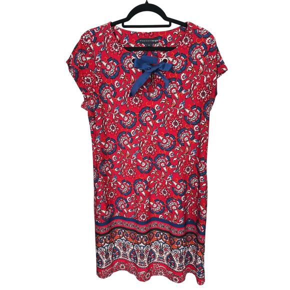 Madison Leigh Paisley Bow Short Sleeve Shift Dress 12 Red Casual Office Fall - Picture 2 of 6